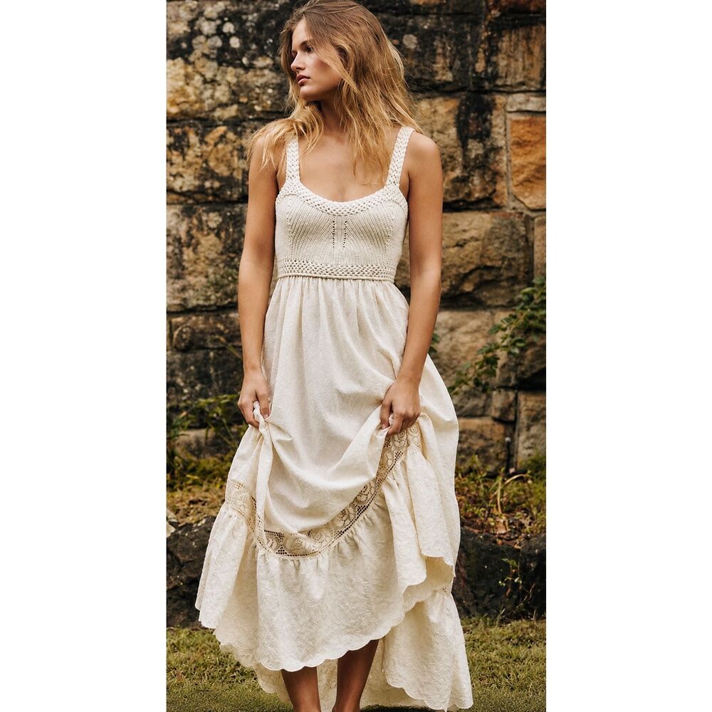 NWOT Zara Cream Boho Crochet Knit Maxi Dress Romantic Cottagecore Midi. small